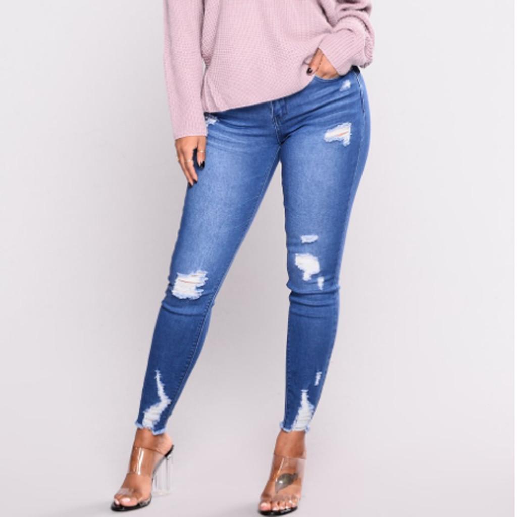 Finger Dames Casual Slim Jeans Damesmode Hoge taille met gaten in elasticiteit en broeken voor kleine voeten M