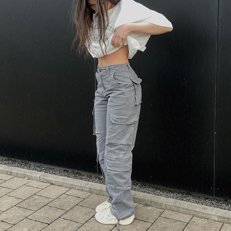 Molly Show Vintage Cargo Broek Baggy Jeans Damesmode Jaren '90 Streetwear Zakken Wijde Pijpen Hoge Taille Rechte Y2k Denim Broek Overalls L grijs