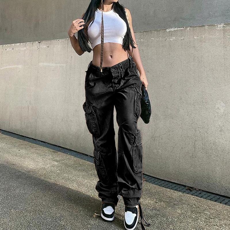 Molly Show Vintage Cargo Broek Baggy Jeans Damesmode Jaren '90 Streetwear Zakken Wijde Pijpen Hoge Taille Rechte Y2k Denim Broek Overalls XL zwart