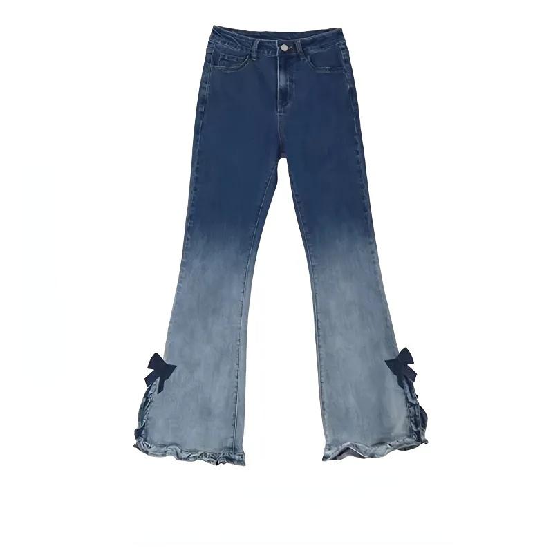 Exotic Kawaii Zoete Boog Flare Broek Vrouwen Pure Kleur Slanke Flare Jeans Japanse Stijl Zomer 2023 Hoge Taille Vintage Denim Broek chic L blauw