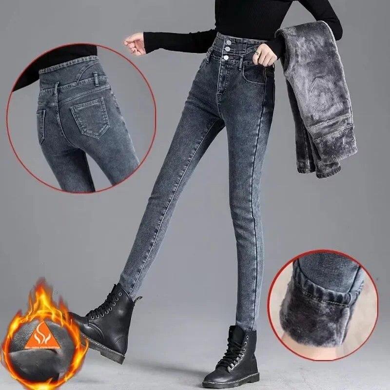 Best do it Winter Slim Fit Hoge Taille Denim Jeans Dames Effen Warme Fluwelen Denim Potlood Broek Casual Recht Effen Vintage Kantoor-dames Jeans Broeken 30108 XXL