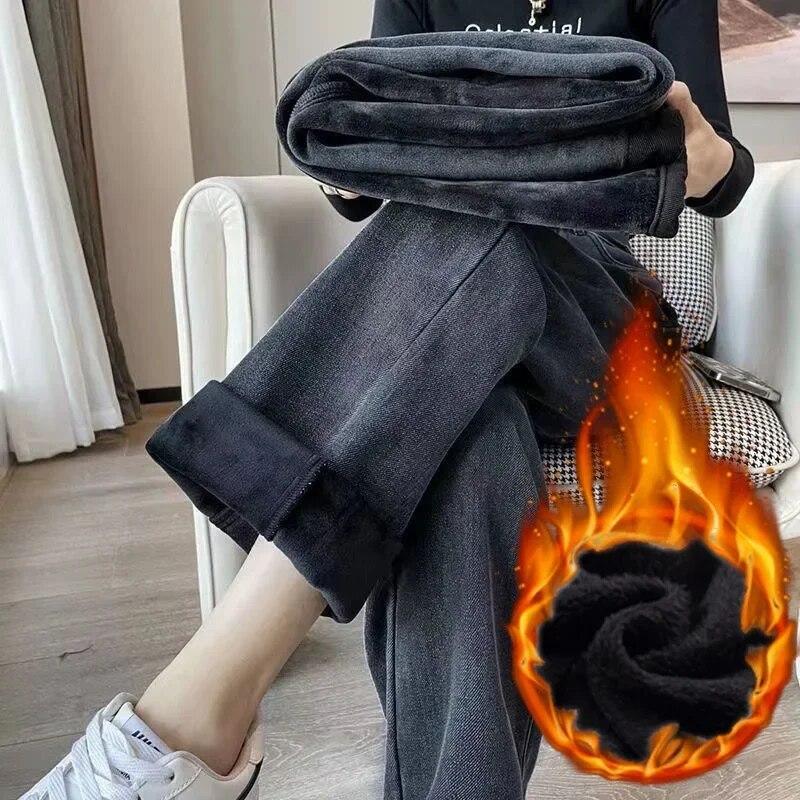 Best do it Herfst Dikker Warme Jeans Vrouwen Solid Losse Rechte Wijde Pijpen Jeans Vrouwen Winter Mode Vintage Denim Broek 30215 S wow