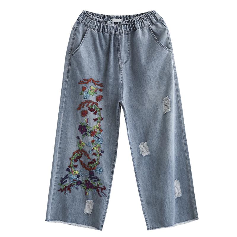 Mille Lente Dames Geborduurde Gat Negen Punten Rechte Wijde Broek S blauw
