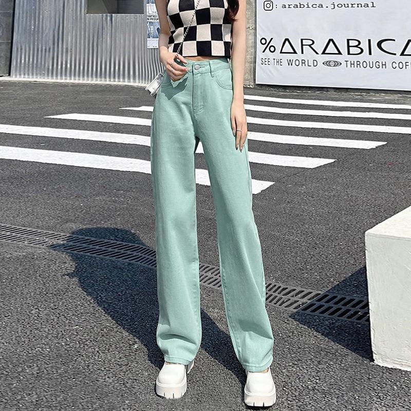 Femme Fashion Hoge taille wijde pijpen losse rechte pijpen gedrapeerde jeans 2XL mintgroene kleur