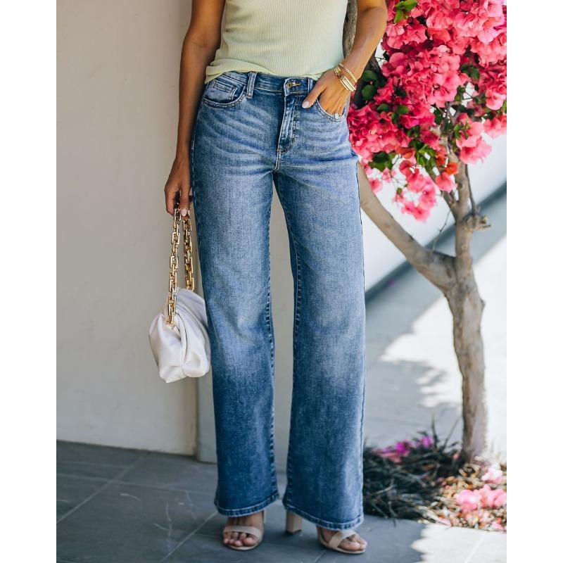 CANVAUS Eenvoudige jeans dames gewassen hoge taille broek wijde pijpen broek L denimblauwe kleur
