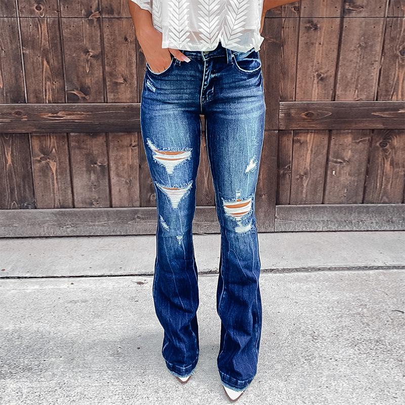 CANVAUS Damesjeans Temperament Broken Holes Micro Flare Casual Broek L donkerblauwe kleur