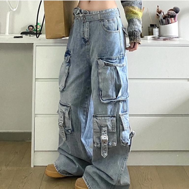 TryTry Dames Cargo Jeans Amerikaanse Street Style Baggy Cargo Broek Dames Blauwe multi-pocket wijde pijpen jeans voor dames XS blauw