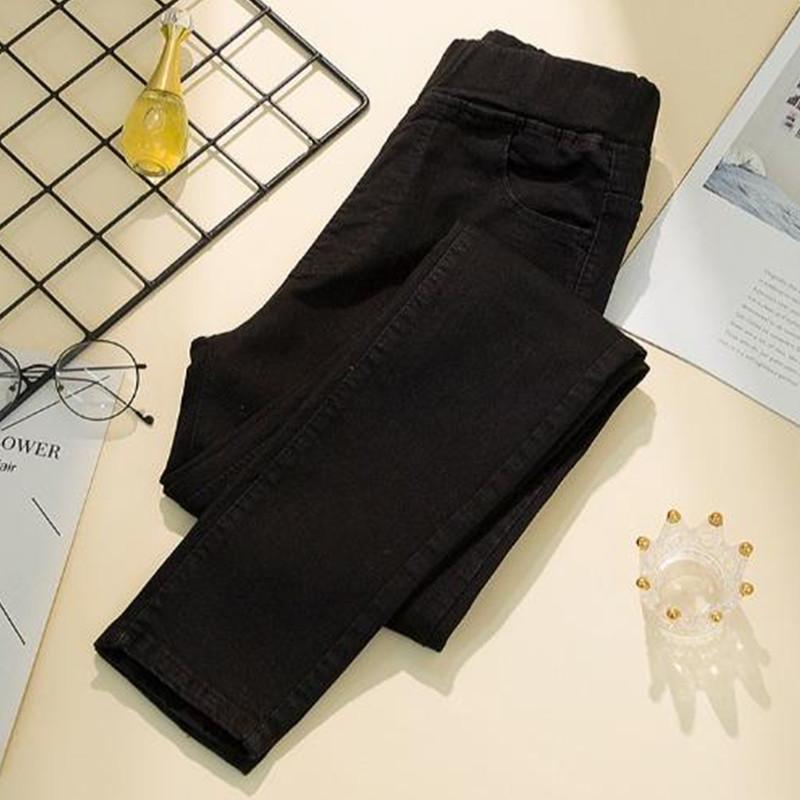 BLUEE Damesmode Hoge taille elastische jeans Knoop strakke elastische slanke potloodbroek XS zwart