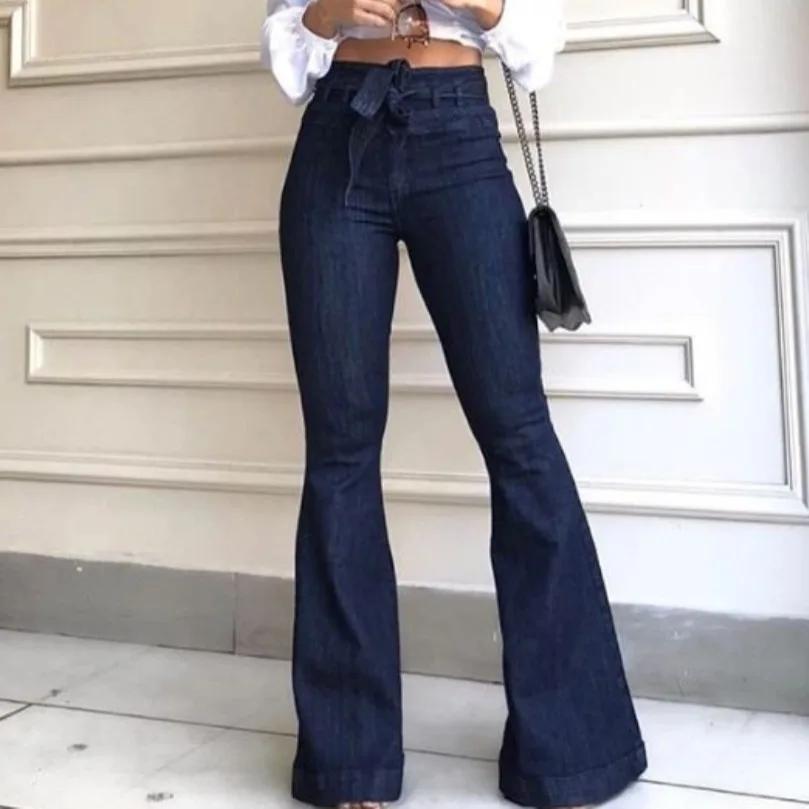 Geener Dames jeans effen kleur hoge taille flare broek rits gulp platte zakken streetwear slim patchwork knoop licht stretch riem XXL blauw
