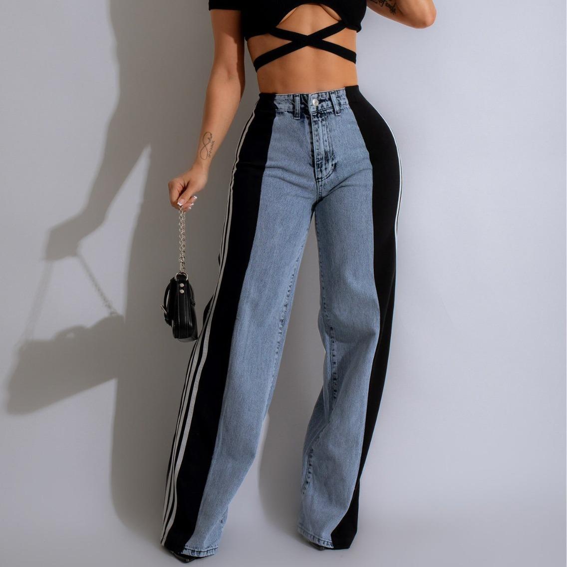 Roser Mode streep splicing jeans denim wijde pijp broek vrouwen hoge taille knoop rechte broek casual vrouwelijke bodems L