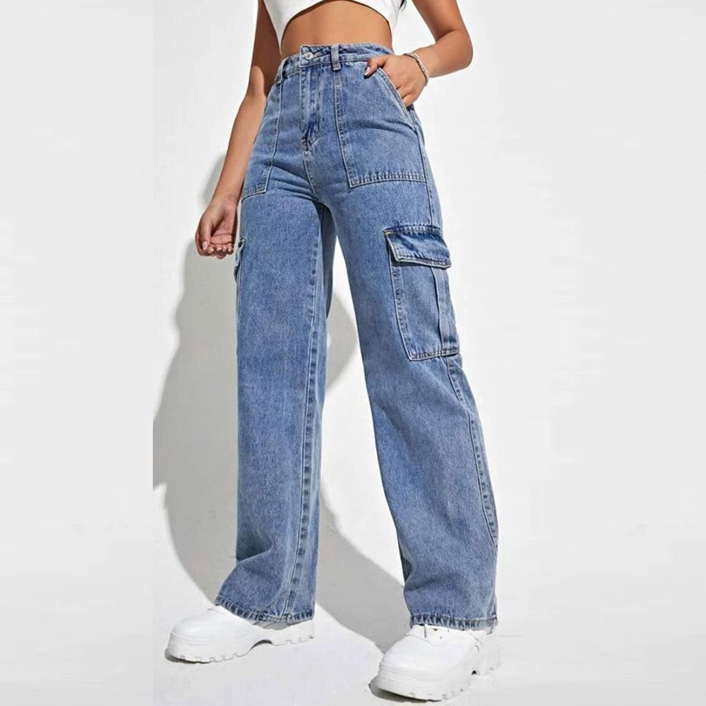 Roser Vrouwen Wijde Pijpen Baggy Jeans Dame Vintage Punk Hoge Taille Losse Cargo Denim Broeken Streetwear Zakken Trashy Skater Broeken XS blauw