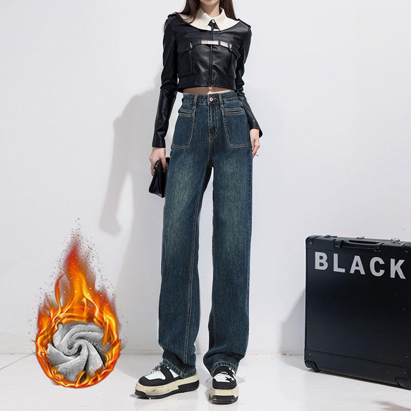 VantaGoods Dames High-Waist Wide-Leg Velvet Jeans - Rechte, Losse, Warme Amerikaanse Stijl Broek L