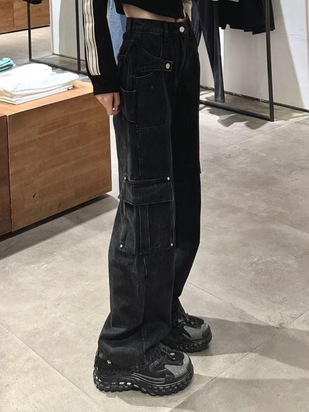 VantaGoods Dames American Streetwear Hiphop Wijde Denim Broek S zwart