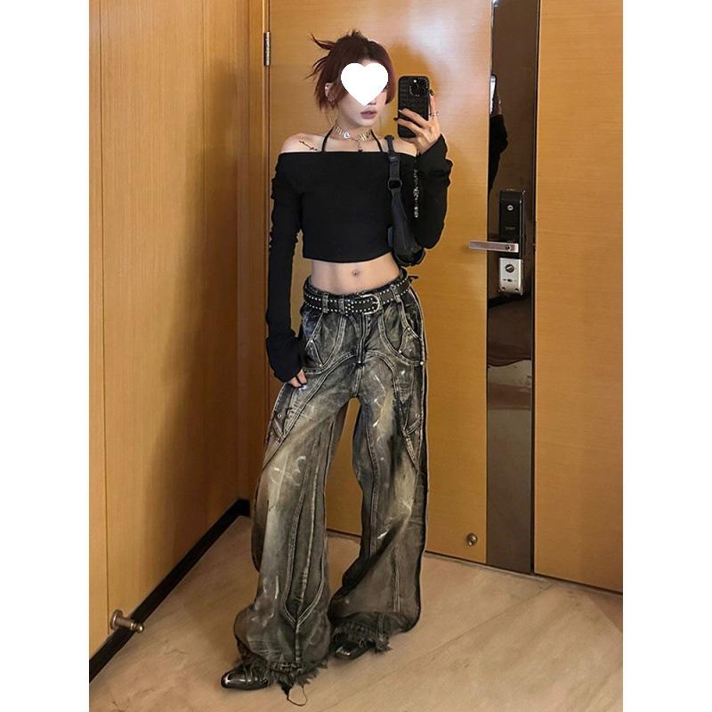 VantaGoods Unisex Tie-Dye Graffiti Wide-Leg Jeans - Retro Versleten Zomer Stijl 2XL zwart