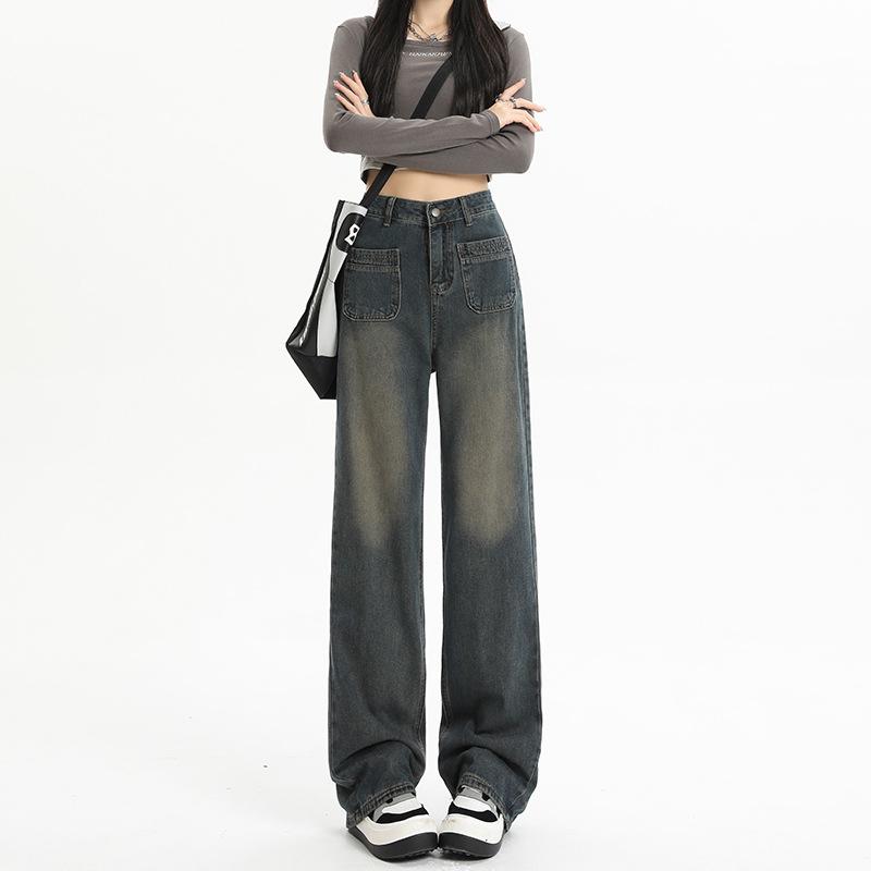 VantaGoods Dames Cementgrijze High Waist Wide Leg Jeans - Amerikaans ontwerp L