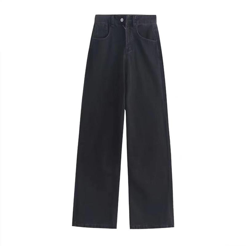 Qiu Yi Lente en herfst damesjeans Hoge taille, rechte losse broek met wijde pijpen, broeken, denimjeans 2XL zwarte grijze kleur
