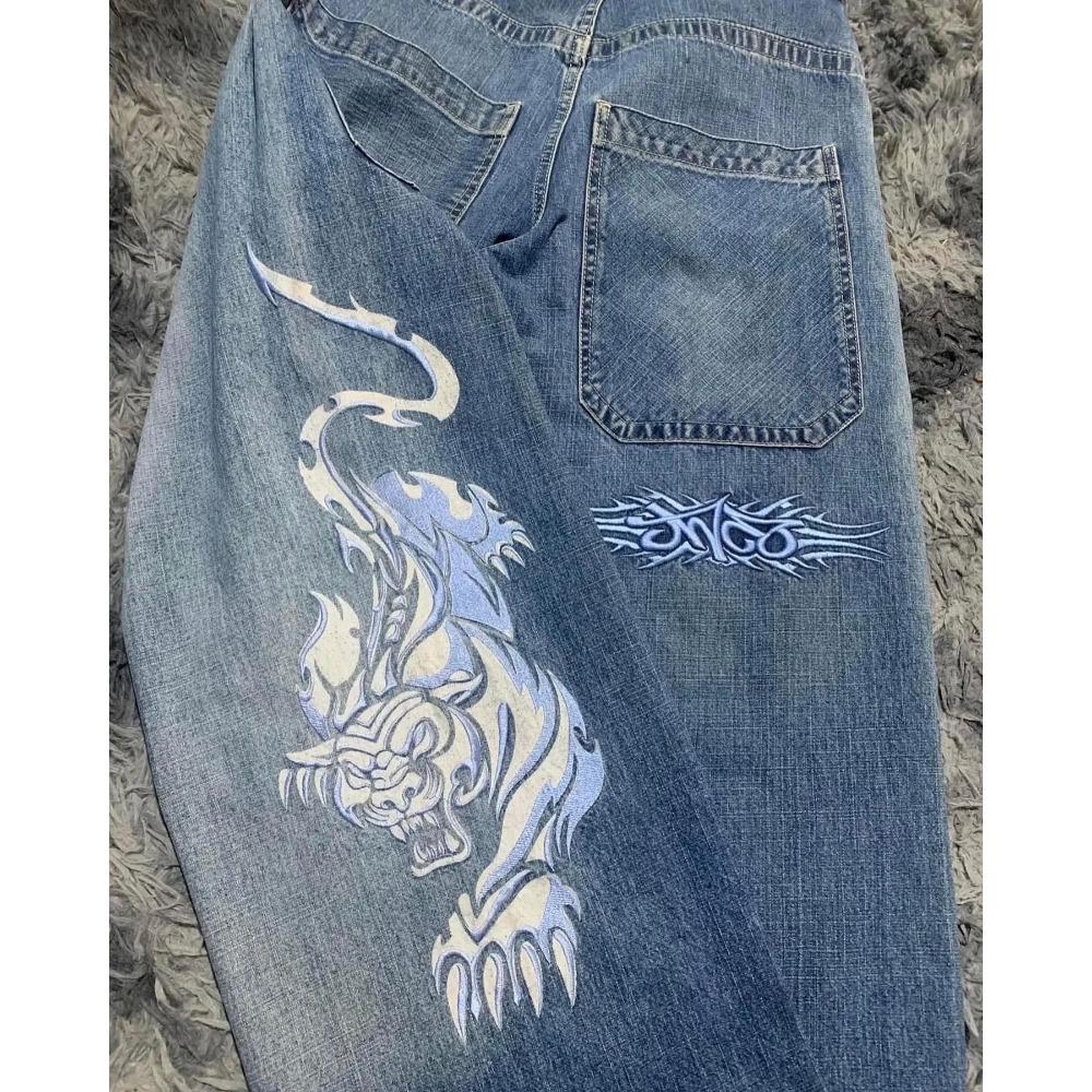 GEMTIDE Geborduurde Baggy Jeans Y2K Kleding Mannen Vrouwen Harajuku Hip Hop Geborduurde Vintage Blauwe Baggy Jeans Lage Taille Wijde Pijpen M