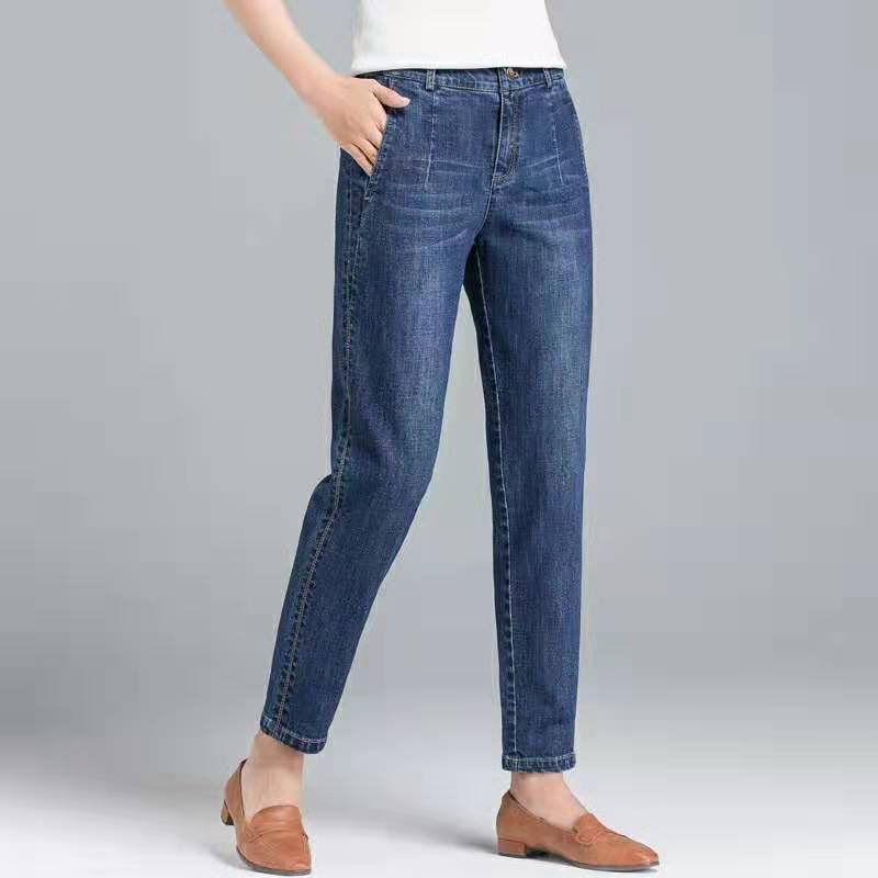 TXW11SS Vrouw jeans broek lente herfst jeans dames hoge taille elastische skinny denim lange potloodbroek plus maat 34 marineblauwe kleur