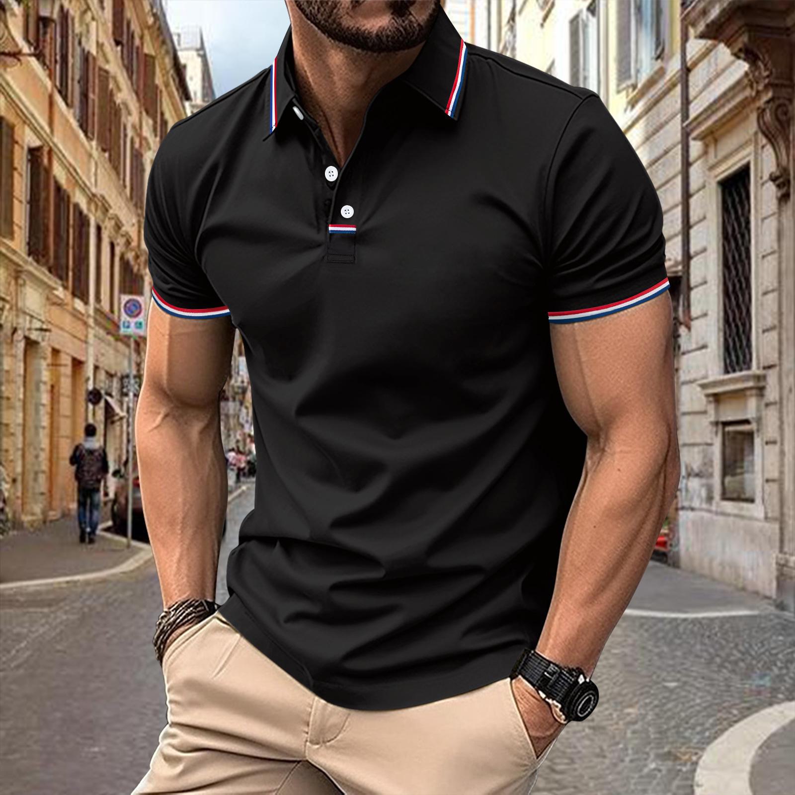 Get one New Style Solid Color Short-Sleeved Lapel Polo Shirt for 2024 S zwart