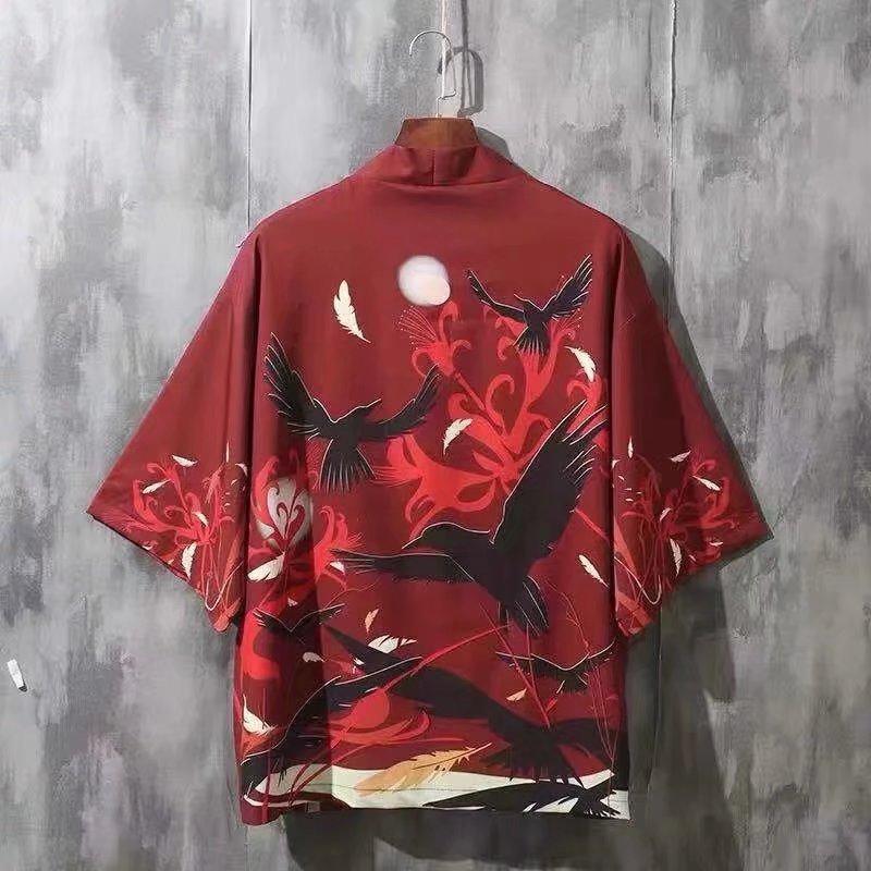 Cloth W Mode Traditionele Japanse Kimono Cardigan Mannen Vrouwen Zonnebrandcrème Bedrukking Dunne Losse Kimono Jas 3XL rood