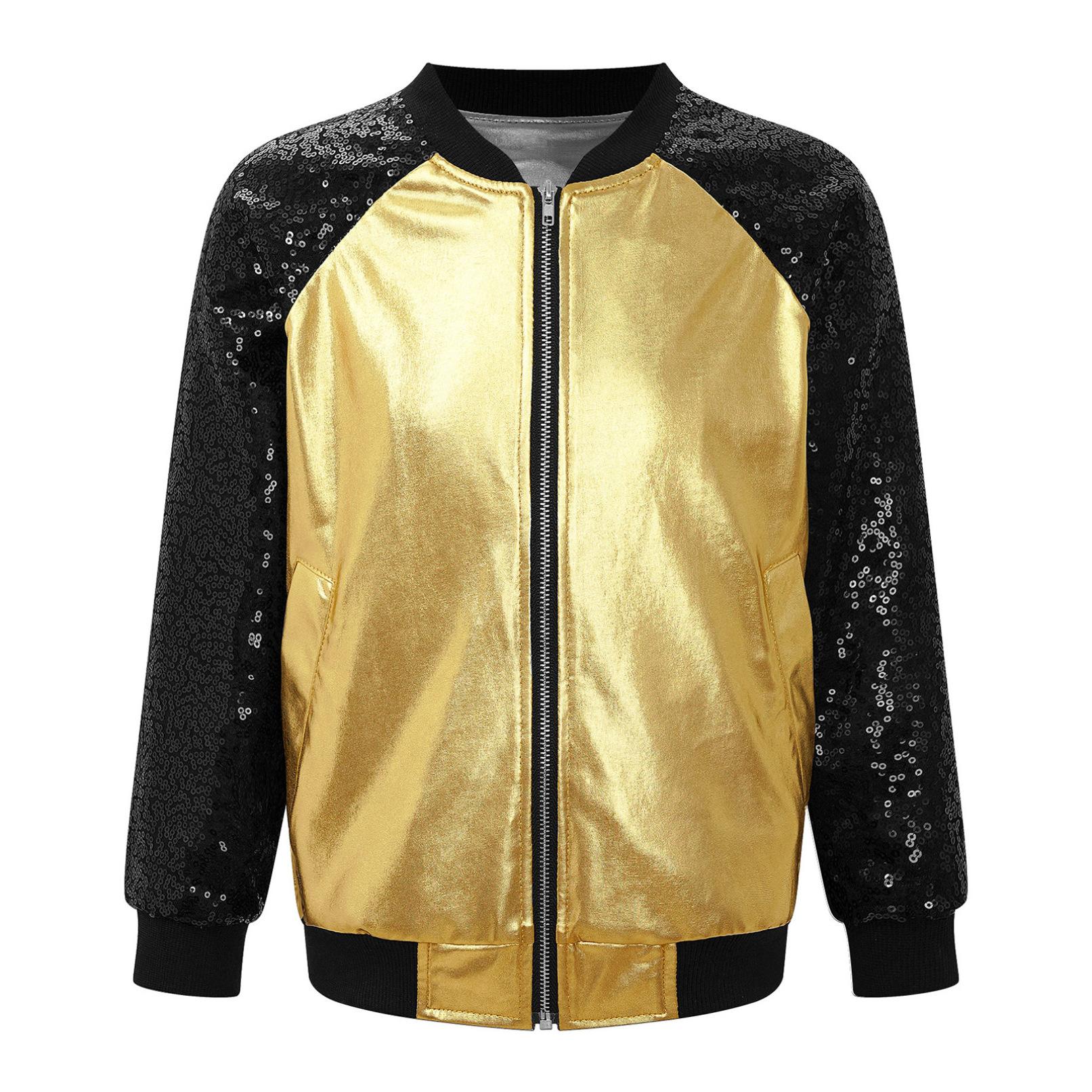 WinYing Kinderen Meisjes Glanzende Pailletten Rits Jas Jas Jazz Hip Hop Dans Kostuum Casual Bovenkleding 9-10 Years goud