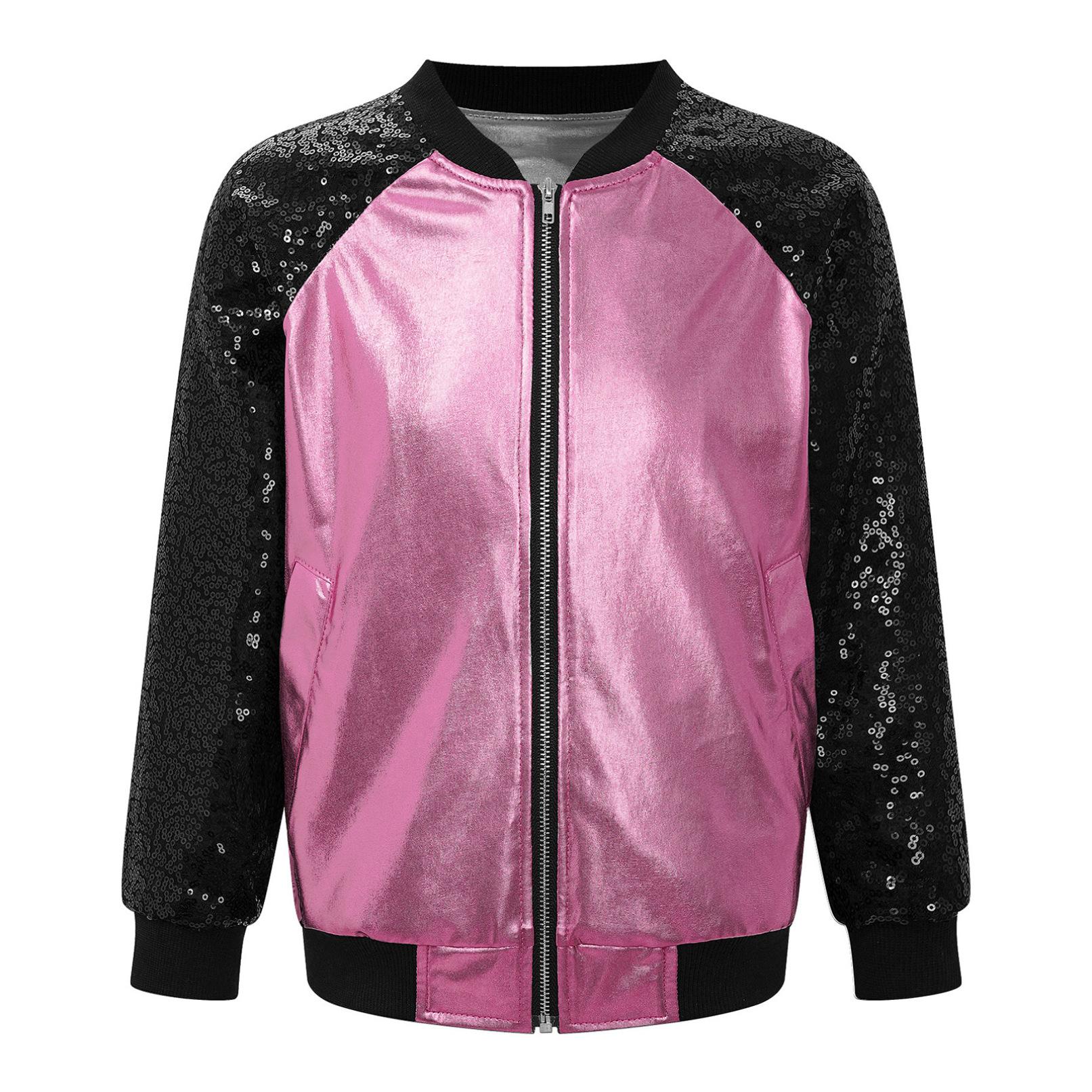 WinYing Kinderen Meisjes Glanzende Pailletten Rits Jas Jas Jazz Hip Hop Dans Kostuum Casual Bovenkleding 13-14 Years