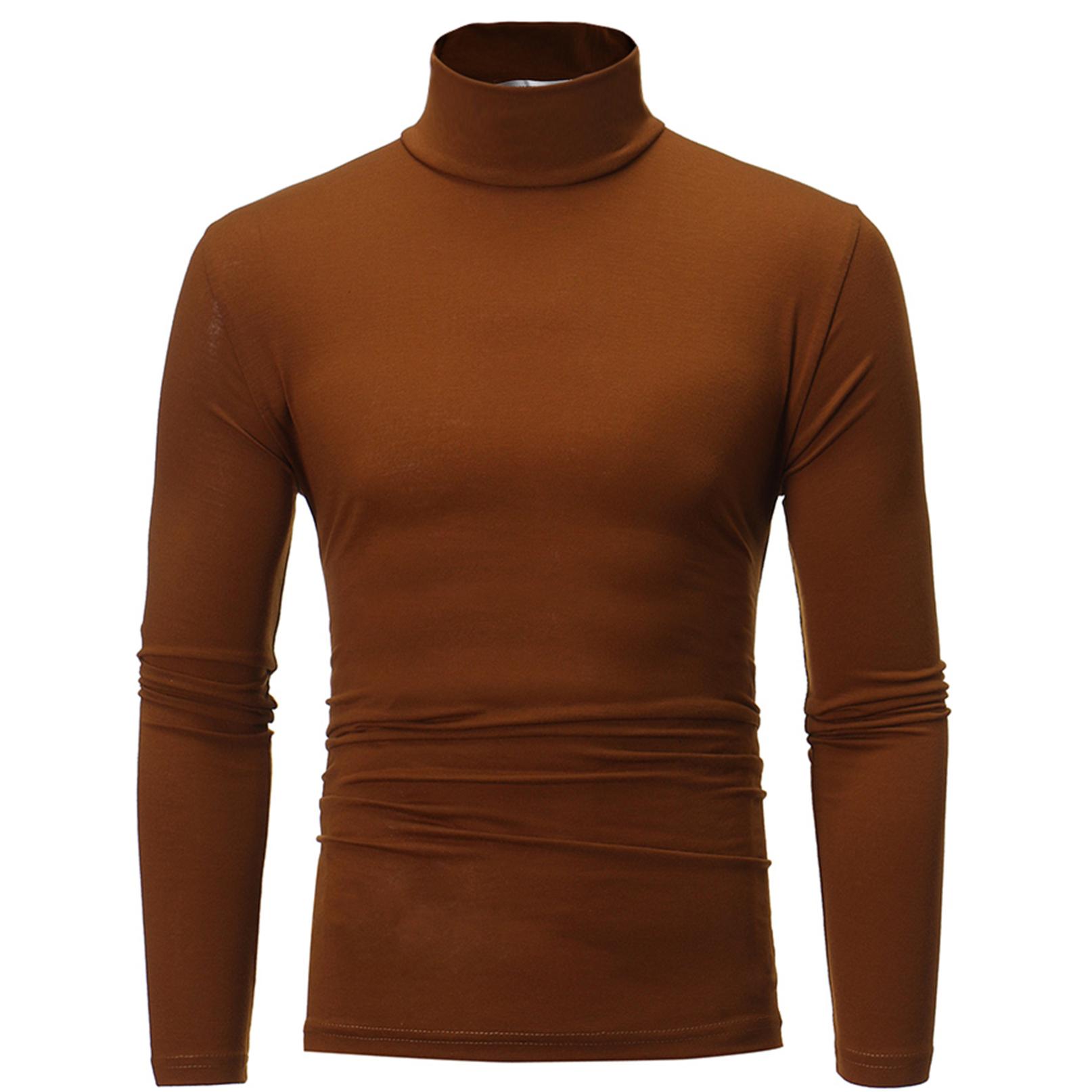 Inlzdz Basisoverhemden voor heren Effen coltrui Overhemden met lange mouwen Slim-fit overhemden met hoge hals Casual thermische warme T-shirts Pullover-sweateroverhemden 3XL koffie