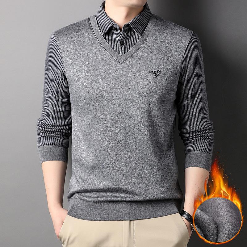 MAO MAO DIAN Warm zakelijk casual sweatshirt voor heren Warme sherpa gevoerde sweatshirts Zwaargewicht T-shirts met lange mouwen Ondergoed Winterfleece trui voor mannen L grijze kleur