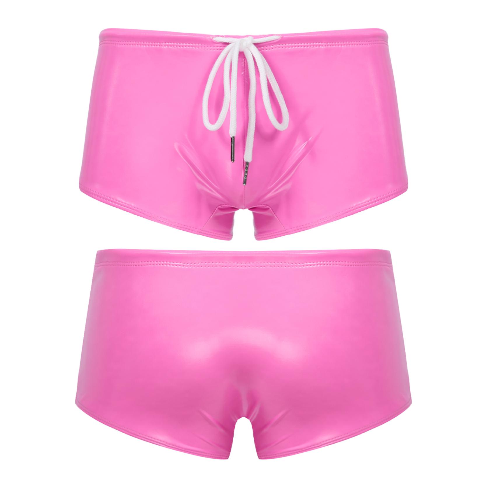 IEFiEL Heren Wet Look Patent Leather Zwembroeken Lage Taille Trekkoord Boxershorts Zwemkleding XL roze