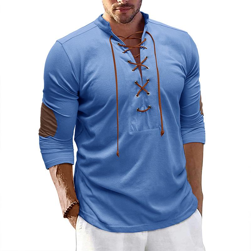 Phoca largha Heren T-shirts met trekkoord en lange mouwen, basic lichtgewicht effen T-shirts, comfortabele slim fit T-shirts voor heren, klassieke comfortabele bandkraag T-shirts XL