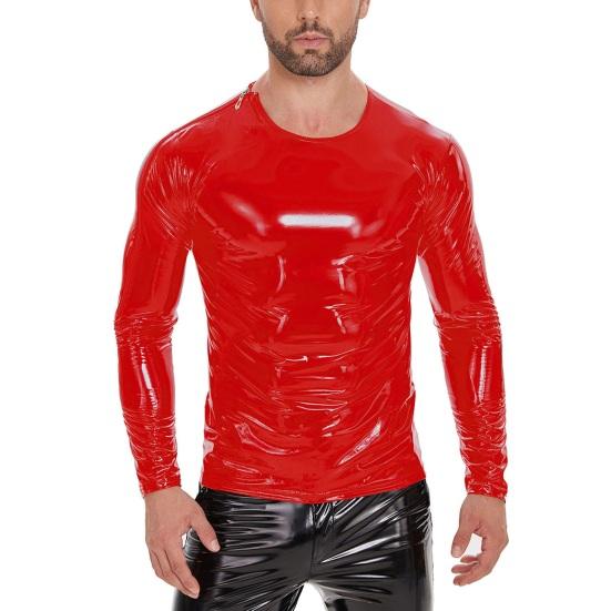 Western Cool Men Men's Liquid Shiny Faux Leather Top Metallic Wet Look Long Sleeve Tee XXXL rood