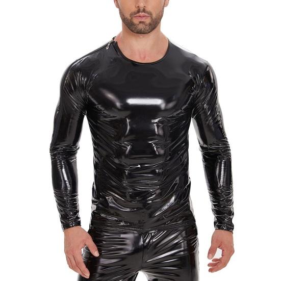 Western Cool Men Men's Liquid Shiny Faux Leather Top Metallic Wet Look Long Sleeve Tee XXXL zwart