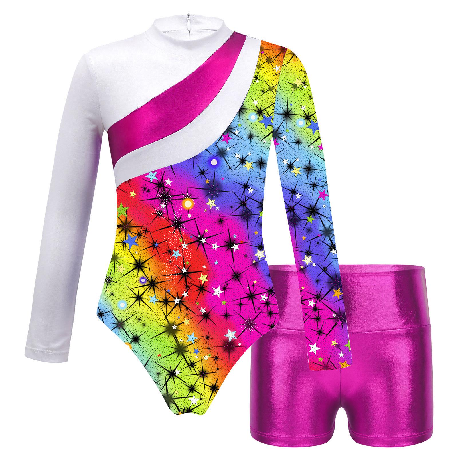 Fldy Kinderen Meisjes Kleurblok Gedrukt Gymnastiek Dans Outfit Turnpakje Jumpsuit met lange mouwen en shorts 3-4 Years helder roze/wit