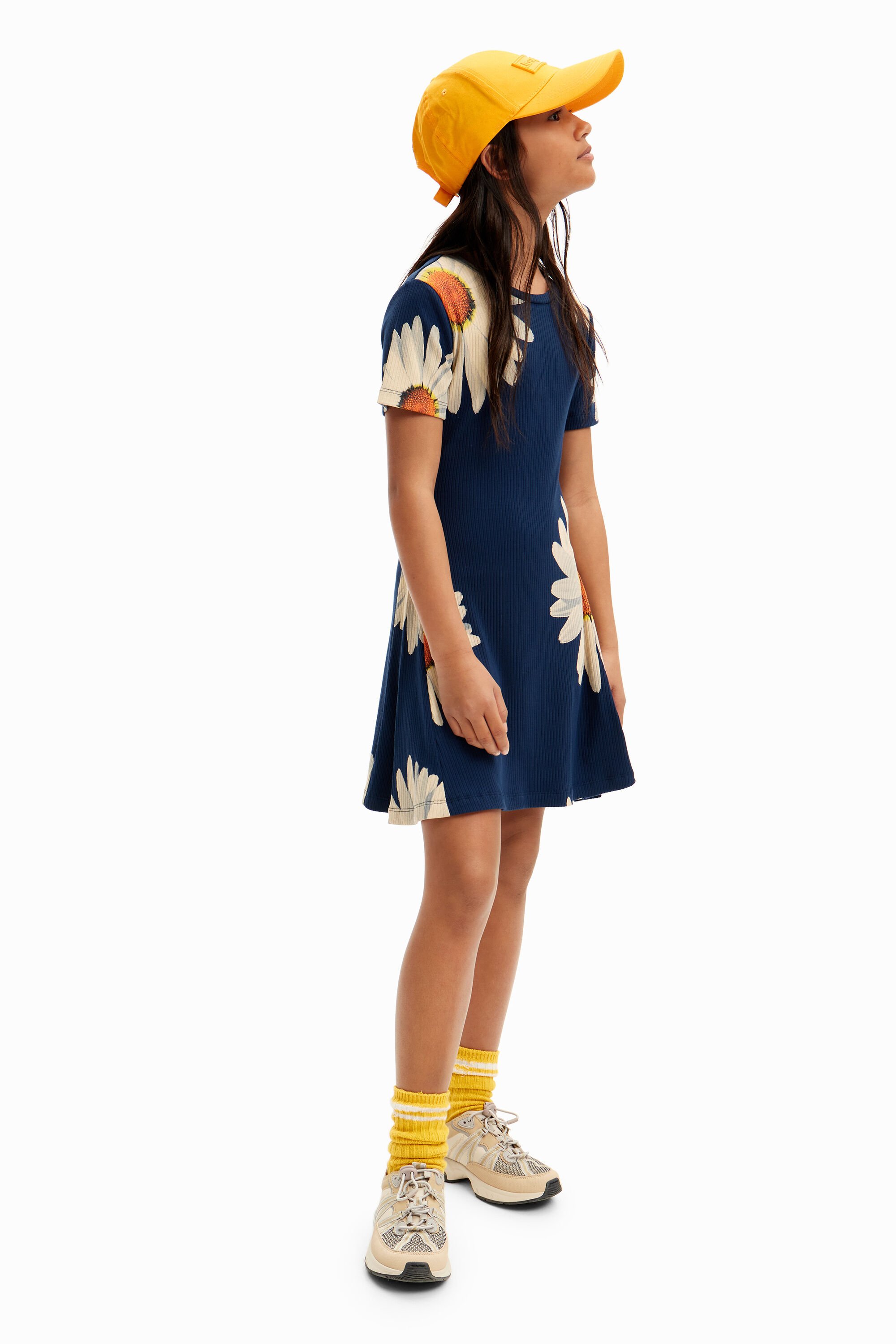 Desigual Korte geribde jurk madeliefjes - BLUE