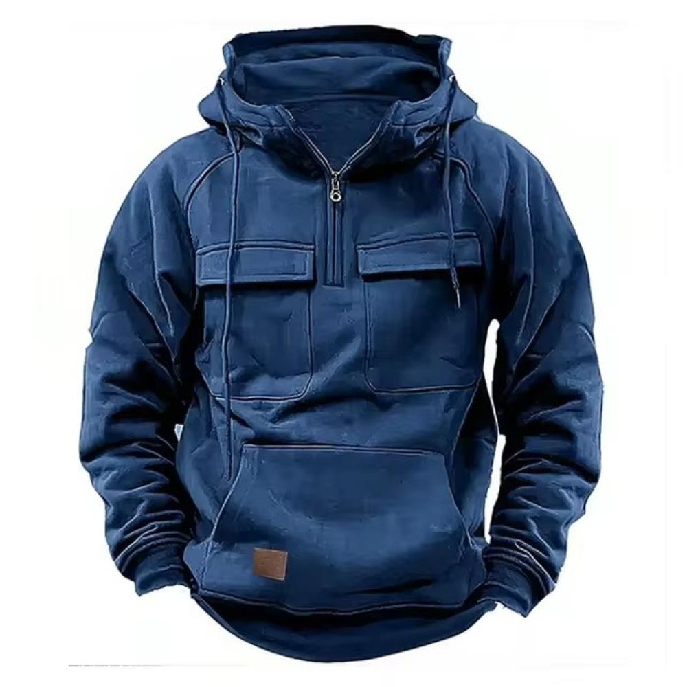 Yoghurt Herfst Winter Hoodies Heren Rits Patchwork Warme Fleece Sweatshirts Meerdere Zakken Heren Mode Capuchon Jas Dikke Outdoor Hoodie 3XL marineblauwe kleur