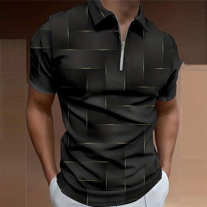 Womens blouse shirts Herenoverhemd Polo Casual Zip Korte Mouw Mode Casual Rits Zomer Lente Regular Fit 3D Blauwe Rand Raster Print Overhemd 8XL