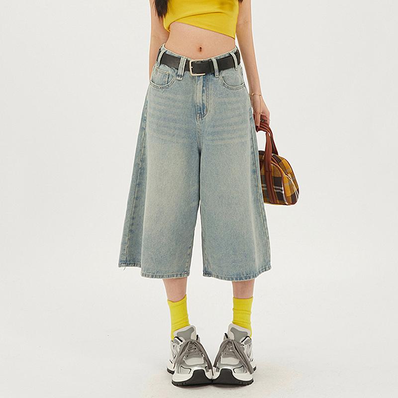Twelve Month 2024 Y2k Retro Dames Lage Taille Wash Cropped Baggy Jeans Wijde Pijpen Gerafelde Denim Korte Broek Plus Size M blauw