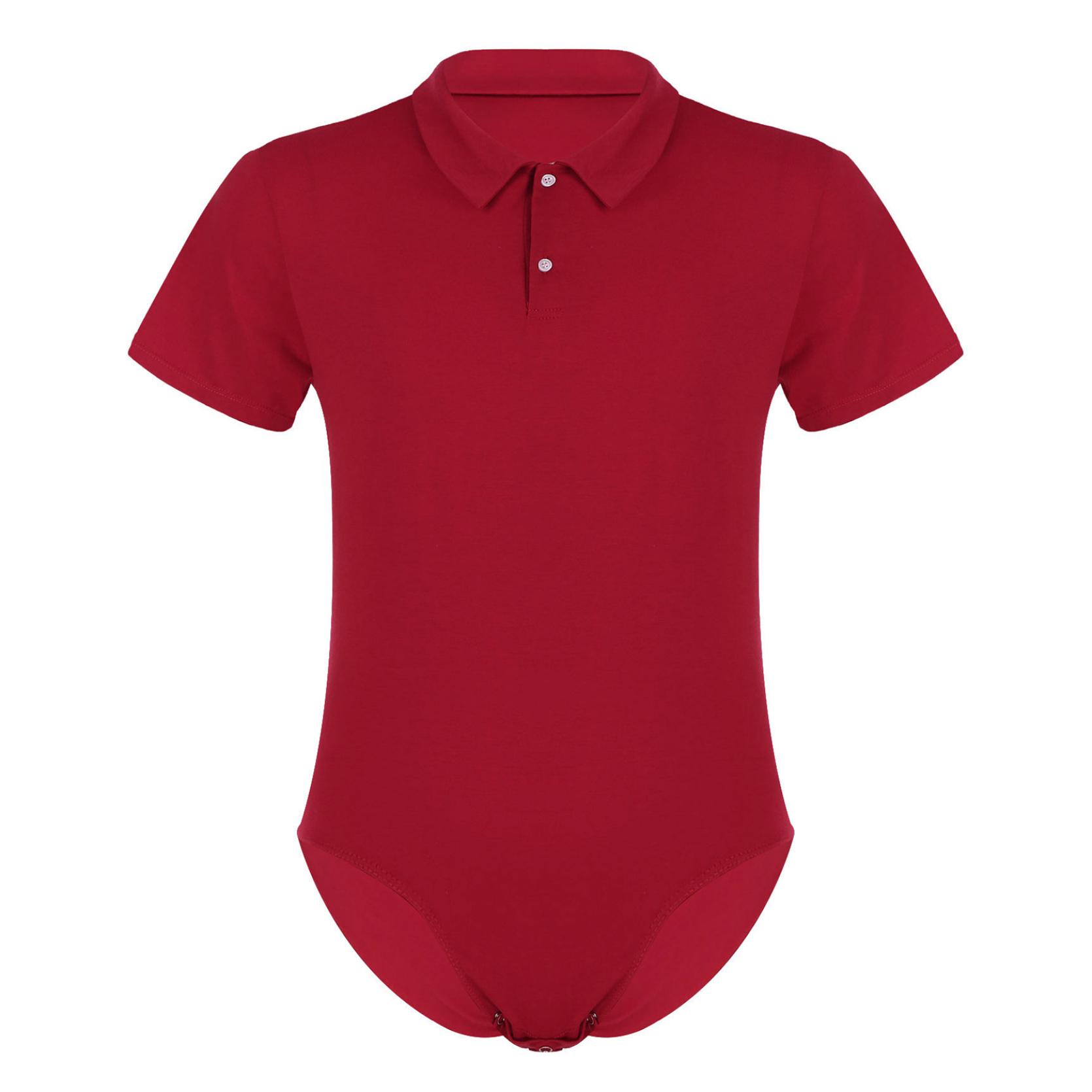 IEFiEL Heren korte mouw turn-down kraag drukknop kruis shirt tops pyjama bodysuit catsuit mannelijk ondergoed L rood