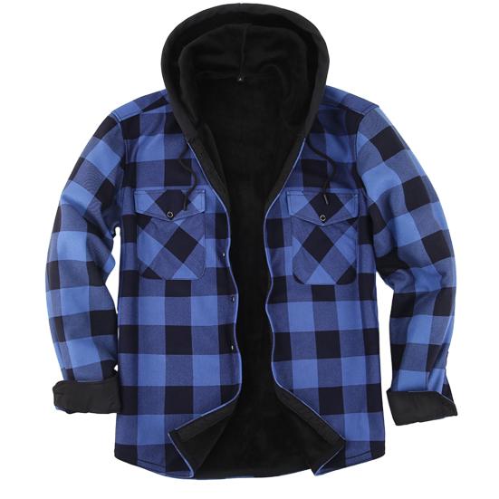 Meizhenchang Mannen Herfst Winter Shirt Capuchon Trekkoord Kleur Bijpassende Plaid Print Lange Mouw Single-breasted Knopen Zachte Warme Dikke Vest Jas XL blauw