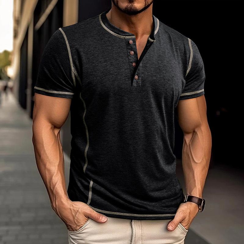Phoca largha Ademend casual heren T-shirt met korte mouwen Henley-knoop, lichtgewicht zacht katoen, comfortabele pasvorm, losse werkvakantie-truitop S zwart