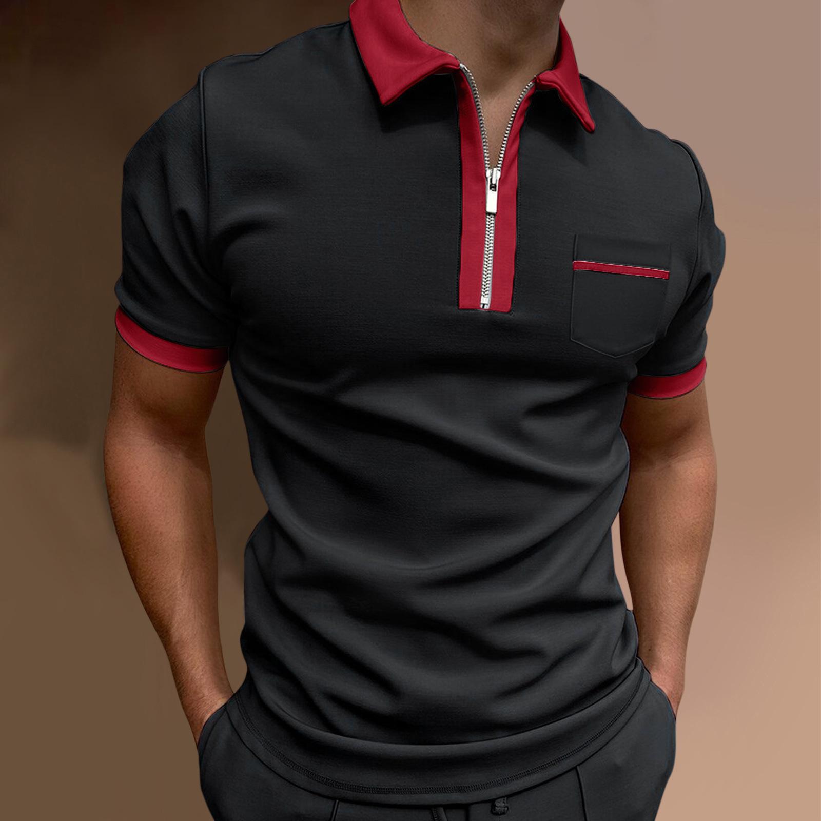 Casual Mans Clothing Men's casual color contrast short sleeve T-shirt Fashion casual stretch short sleeve POLO shirt 3XL zwart/rood