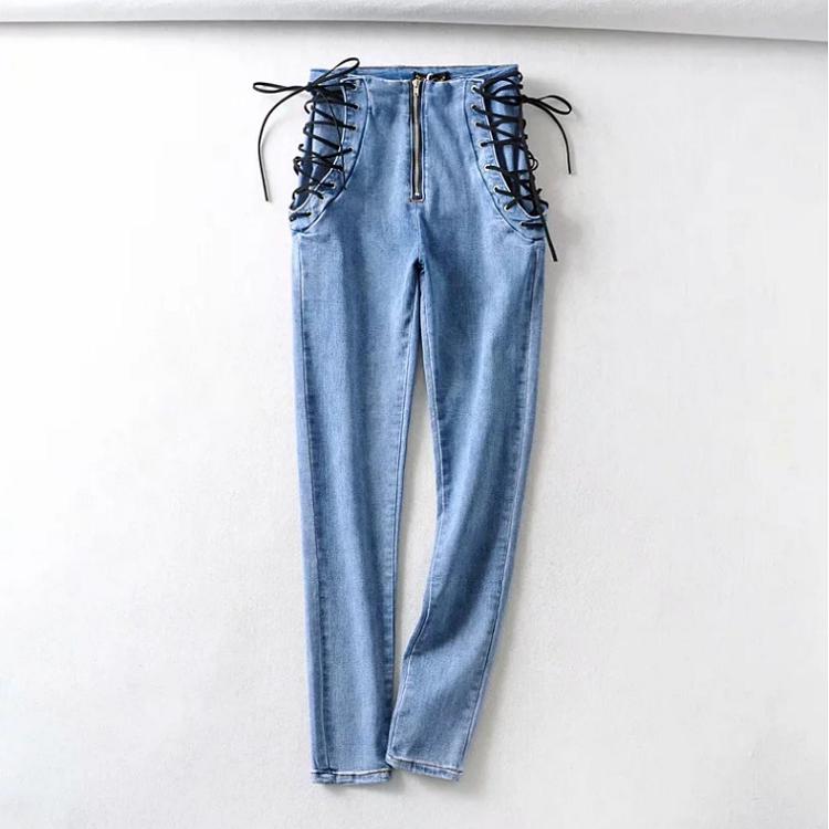 BLUE FASHION Damesmode hoge taille slanke jeans skinny vetersluiting elasticiteit broek XL lichtblauwe kleur