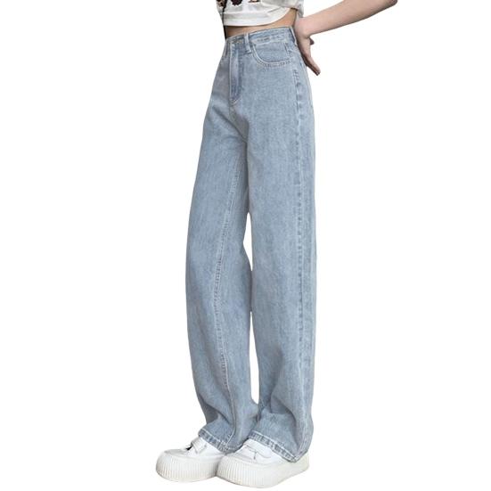 AuraMall Dames Jeans Hoge Taille Knoopsluiting Ritssluiting Vintage Losse Pasvorm Zakken Rechte Wijde Pijpen Streetwear Broek Dagelijkse Draag Lange Broeken S lichtblauwe kleur