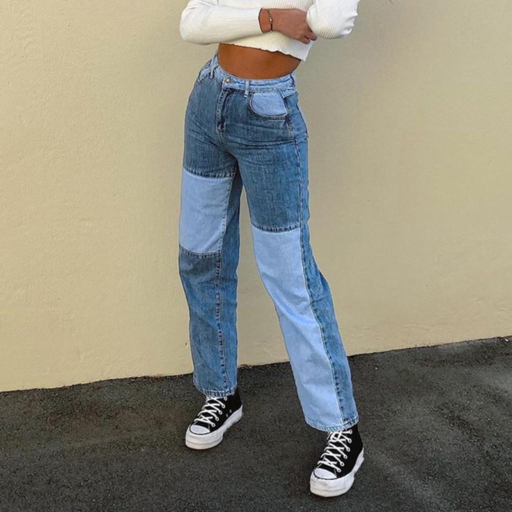 Azmnsn Women Fashion Casual  Matching Color block Straight-Leg Slim Jeans Pants S blauw