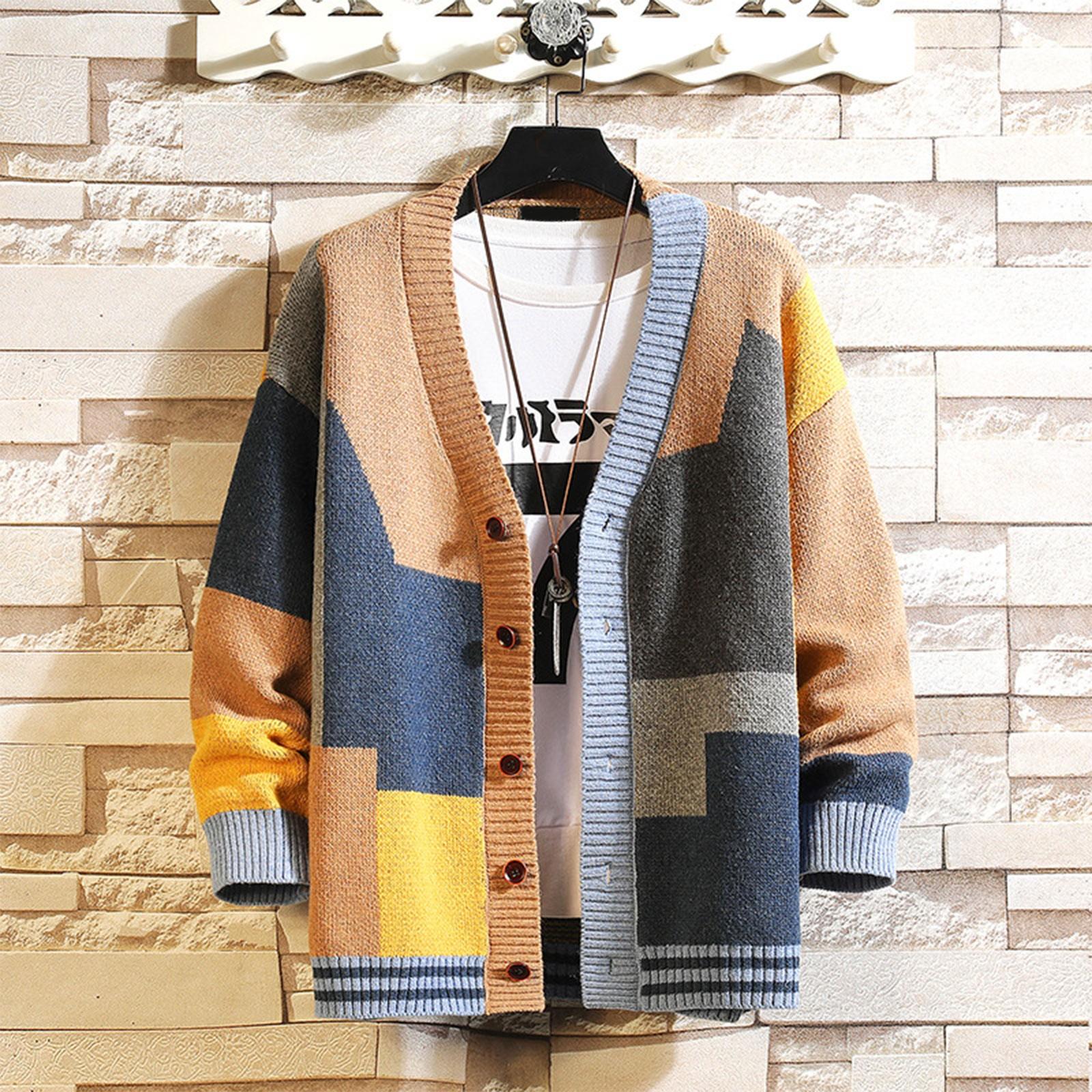 Timoduizhang Herfst Stijl Nieuwe Heren Contrasterende Kleur Trui Cardigan Splicing V-hals Trui Grote Jas XXXXXL kaki