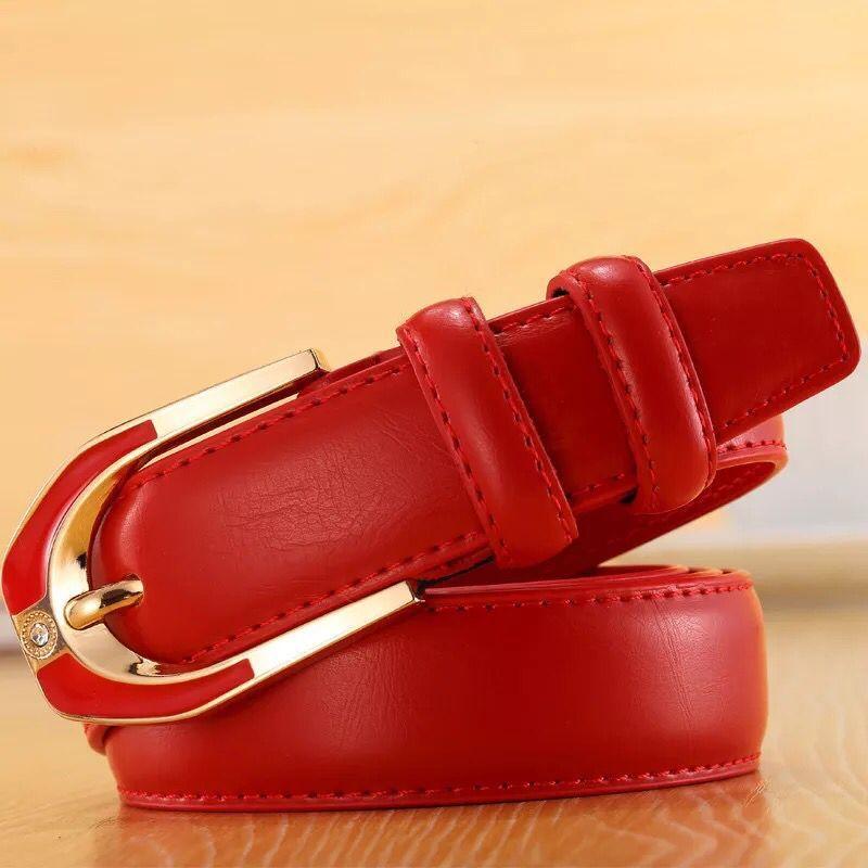 Straight Fire Fashion Dames leren gesp riem mode dames 3.0 fijne broek riem snoep kleur 110cm rood