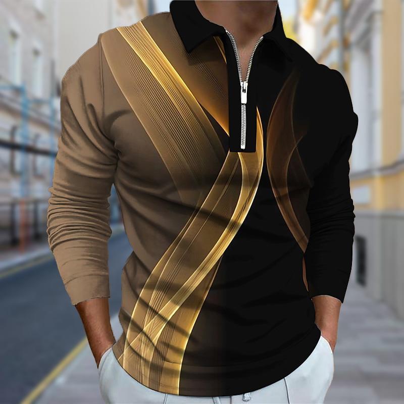 3D Custom Clothing Poloshirts Heren Lange Mouw Gedraaide Lijnen Print Nieuw Heren Poloshirt Lange Mouw Rits T-shirt Top 3XL