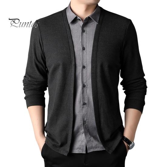 DILLER Heren Lente Herfst Top Nep Tweedelig Shirt En Cardigan Patchwork Gebreide Trui Omgeslagen Kraag Formele Zakelijke Stijl Kantoorjas M zwarte grijze kleur