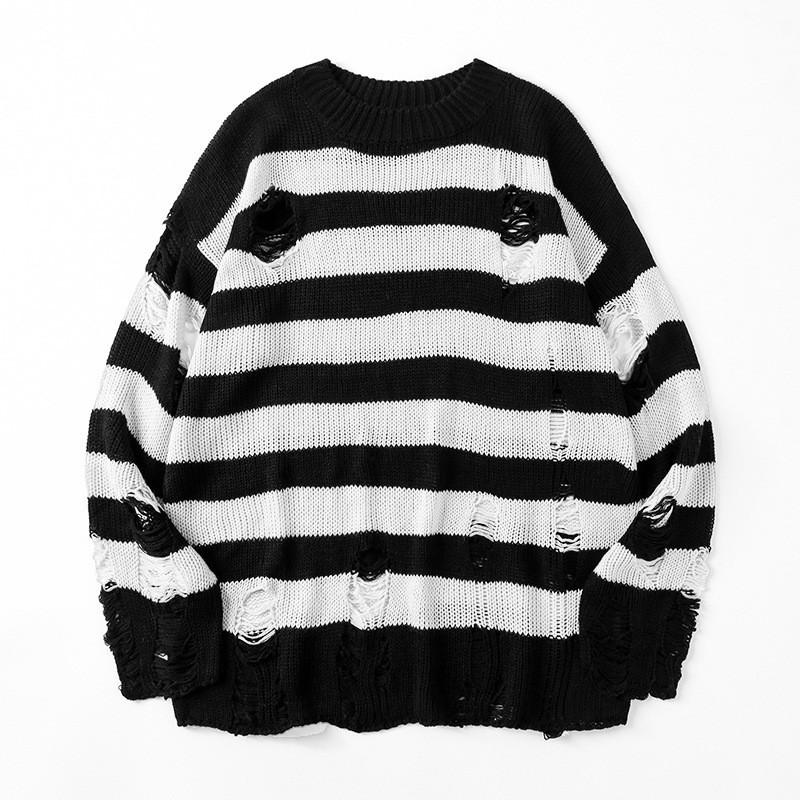 FX Men Zwarte strepen truien vernietigd gescheurde trui heren pullover gat gebreide truien heren oversized sweatshirt harajuku lange mouwen tops L