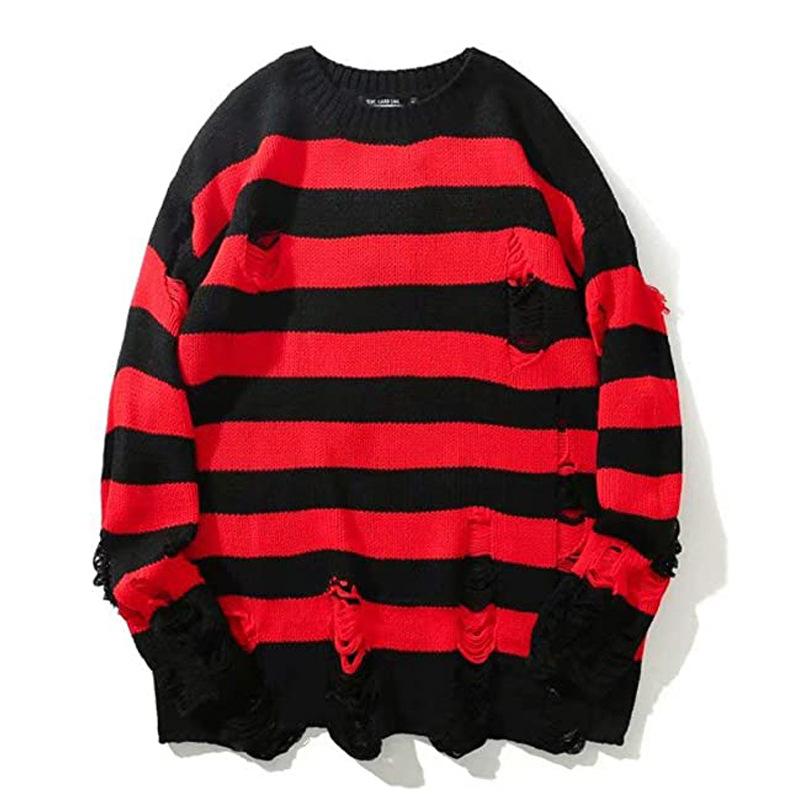 FX Men Zwarte strepen truien vernietigd gescheurde trui heren pullover gat gebreide truien heren oversized sweatshirt harajuku lange mouwen tops XL